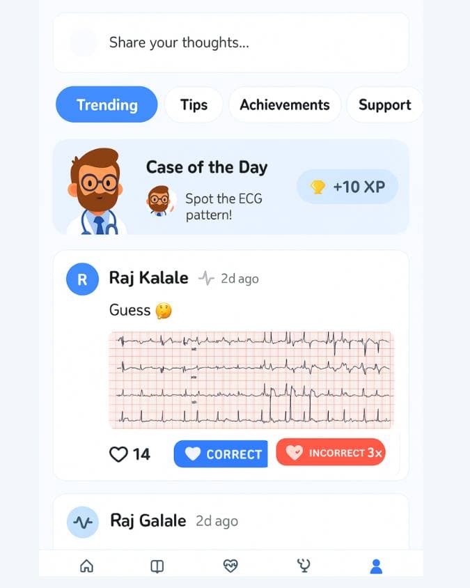 E-PulsePoints community forum showing medical professionals discussing ECG cases and expert consultation feature